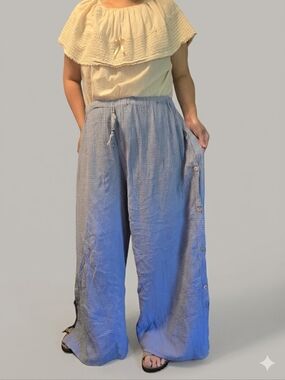 Scandal Italian Wide-Leg Blue Shell Button-Detail Cotton Beach Pants